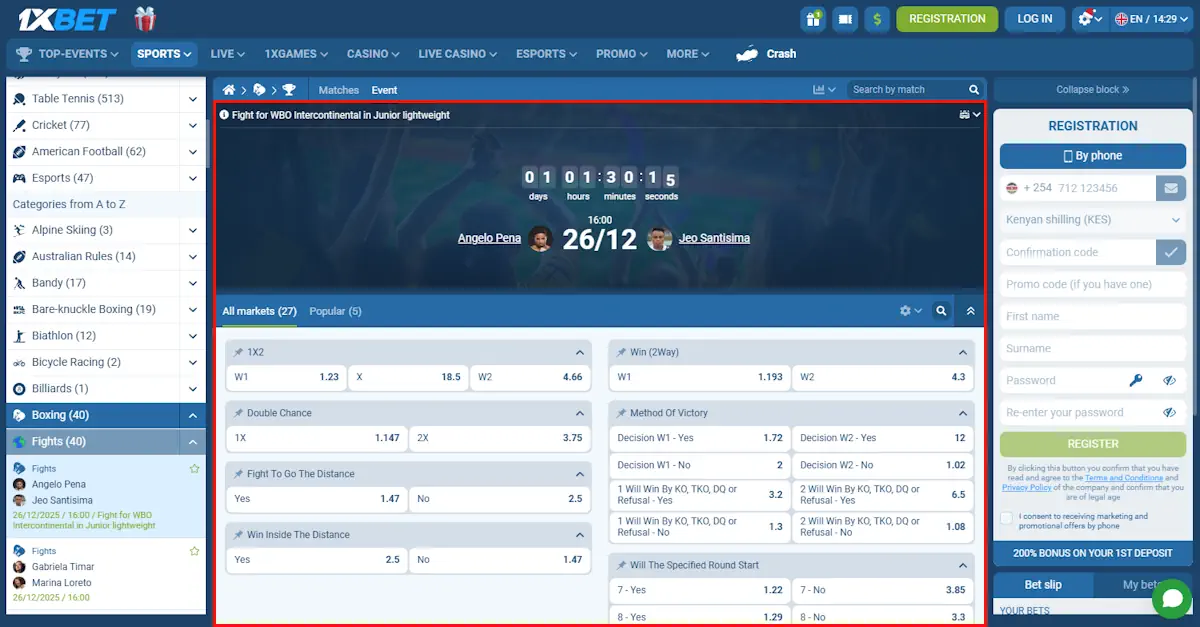 1xBet Betting markets for boxing matches Screenshot